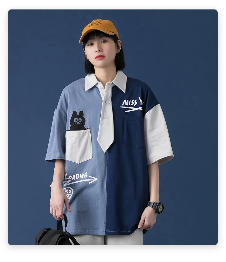 

Cat Japanese Printed Polo Shirt Men's Handsome Fake Tie Splicing Casual Short Sleeve Contrast Lapel T-shirt