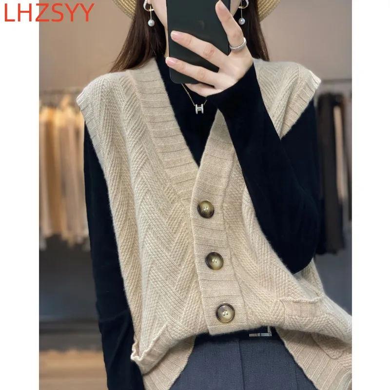 

LHZSYY V-Neck 100%Pure Wool Cardigan Waistcoat Women Autumn Winter New Jacket Vest Loose Korean Sleeveless Cashmere Sweater Coat