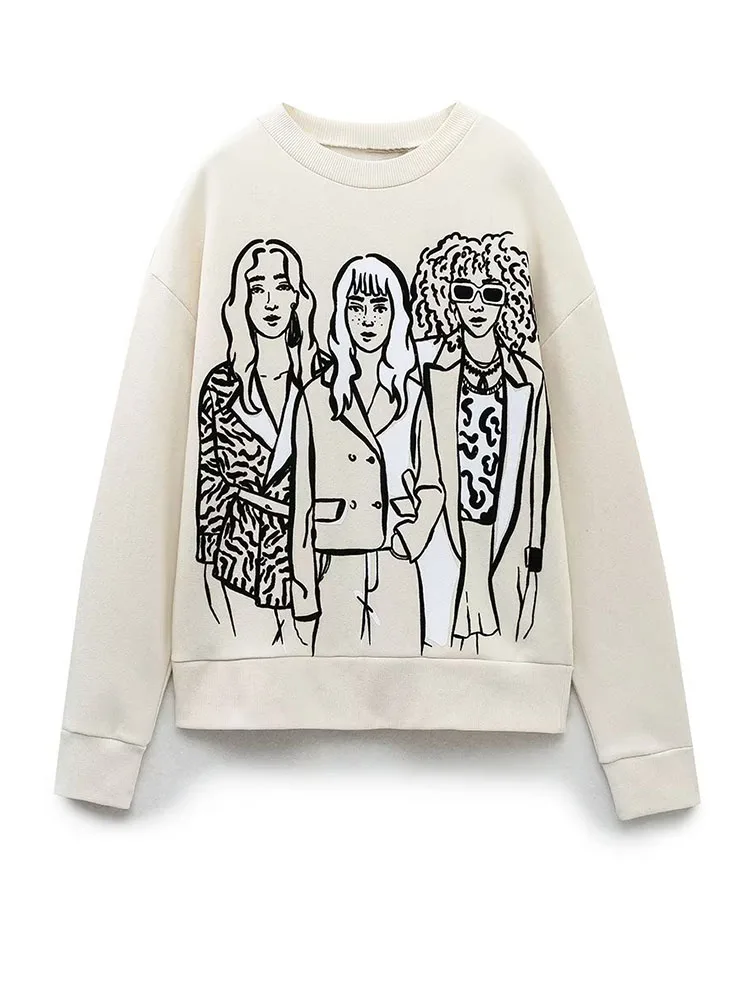 

Autumn and Winter Women's Sweatshirt New Loose Versatile Rib Decorative Layer Girls' Printed Long Sleeve Round Neck Sweatshirt T