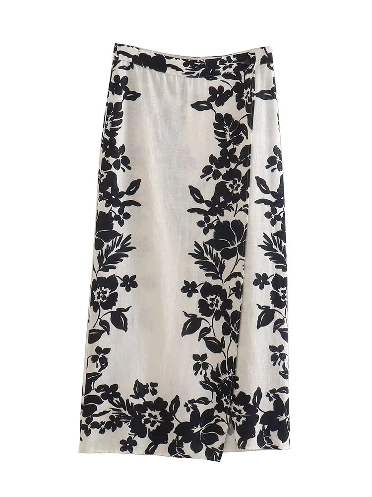 

YLJHQX 2022 Spring Summer Women Fashion Flower Print Skirt Vintage High Waist Side Slit Female Straight Midi Skirt