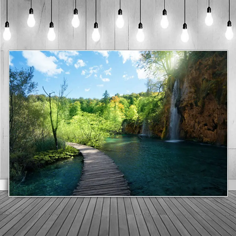 

Green Jungle Forest Blue Lake Waterfalls Birthday Party Deco Photography Backdrops Natural Wooden Bridge Landscape Backgrounds