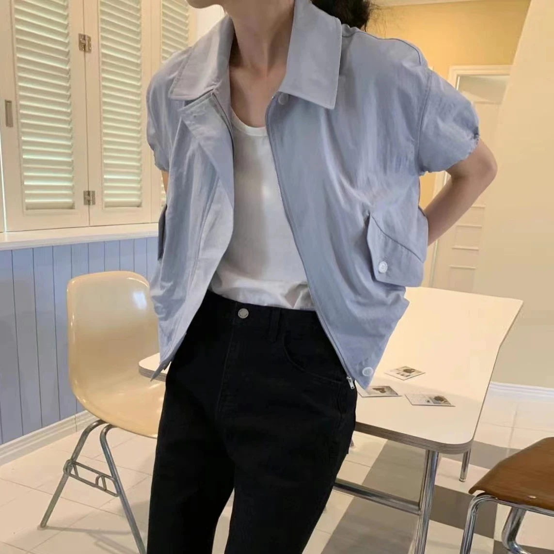 

Korean chic summer simple temperament lapel loose leisure everything solid color double pocket short-sleeved coat top female