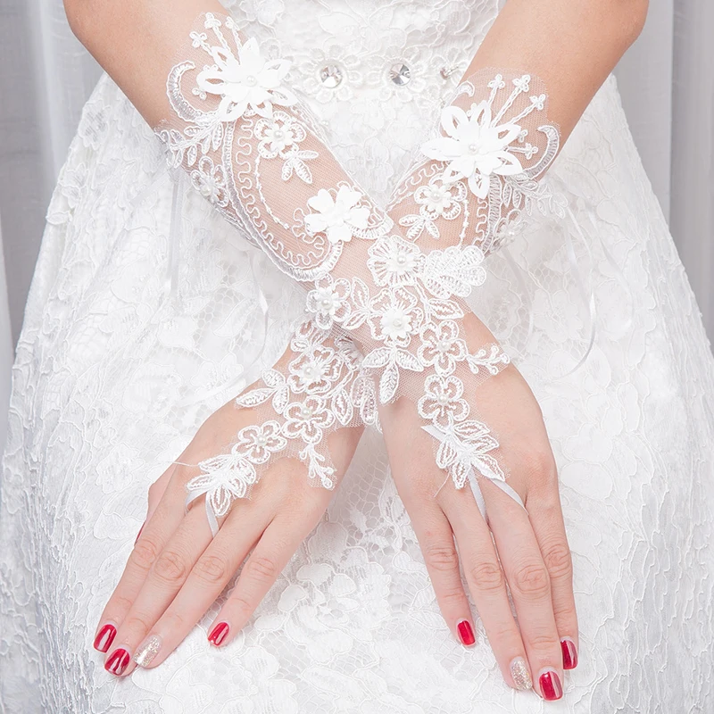 

Fashion Arm Sleeve Gloves Wedding Lace Faux Bowknot Mittens Fingerless Gloves 1 Pair Women Pearl Floral Applique Arm Warmer