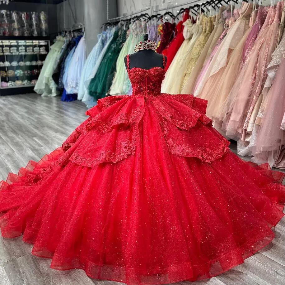Red Sparkly Princess Quinceanera Dresses Floral Applique Boning Corset vestidos de 15 quinceañera 2025 Prom Lace Up