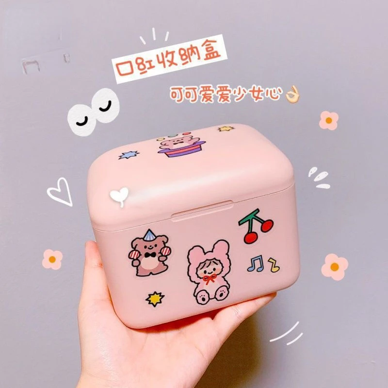 

Lipstick Organizer Storage Box Mirror Jewelry Organizer Cute Cosmetic Storage Box with Lid Portable Desktop Organizer Box