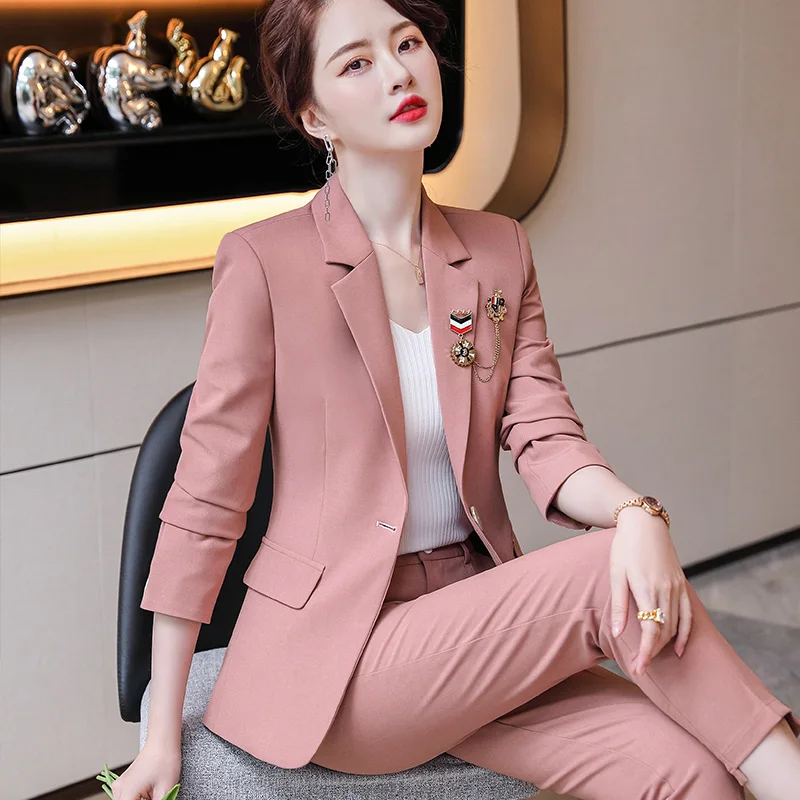 Korean spring  suit large size office women business white-collar formal dress professional dress work clothes Pink suit  pants