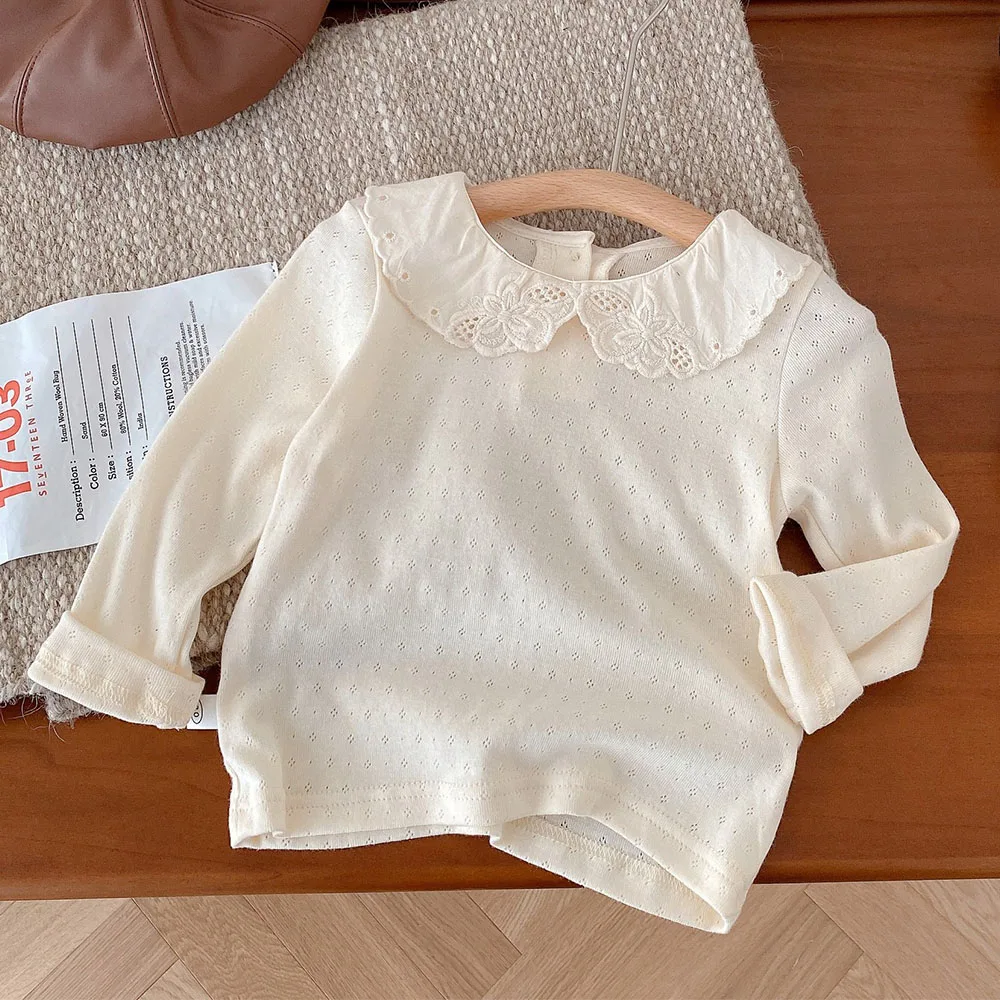 

Girls Long Sleeve Tops Cotton Hollow Solid Color Peter Pan Collar Spring Autumn Kids Boutique Clothes Birthday Toddler Shirts
