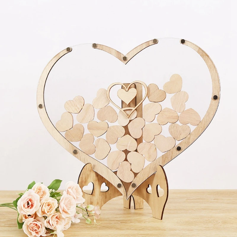 

Wooden Wedding Sign-In Table Photo Frame Decoration Birthday Party Heart-Shaped Wedding Message Thin Brown