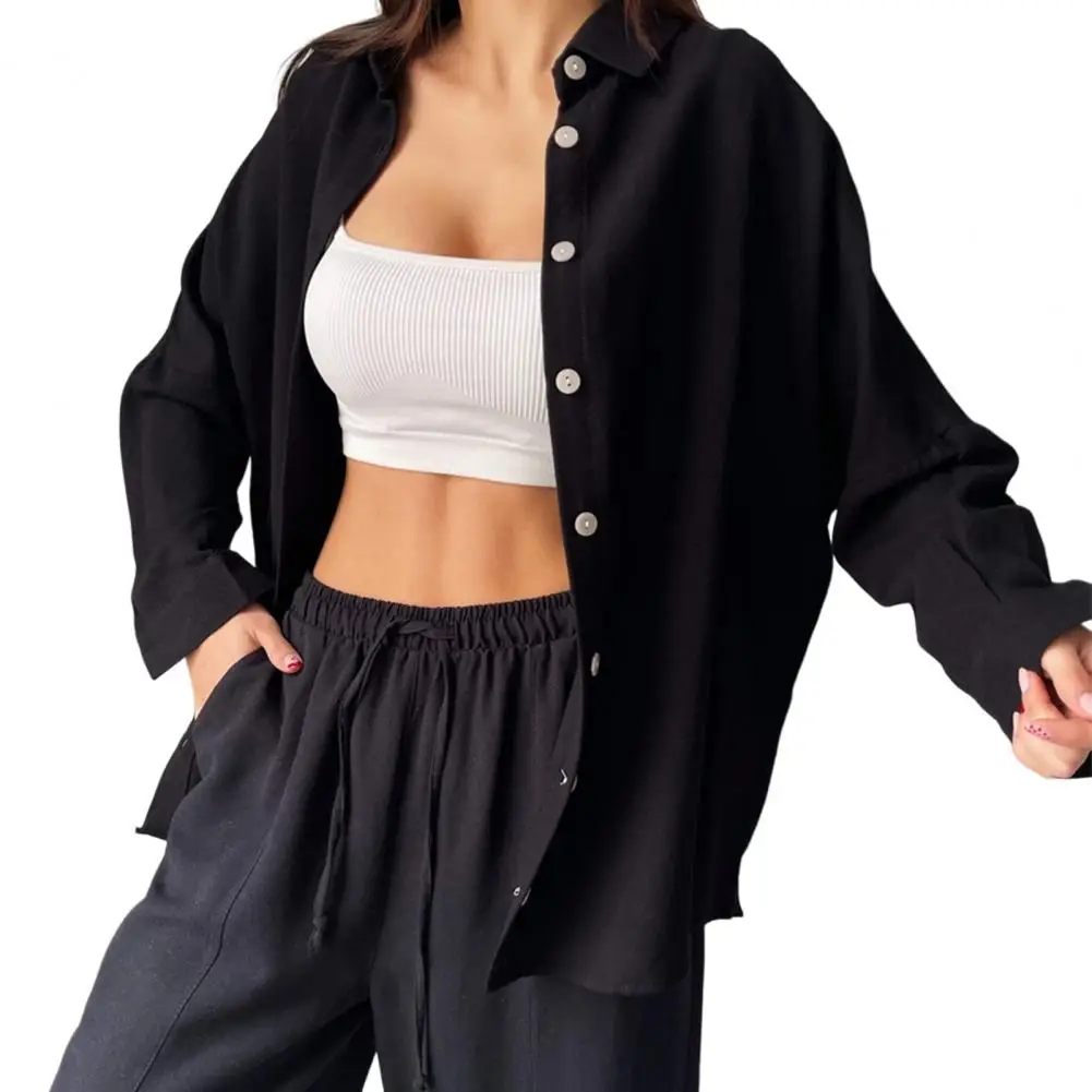

Shirt Pants Sets Outfit Women Loose Casual Cotton Blend Long Sleeve Solid Single-Breasted Top Lace-Up Trousers Women Daily Wear