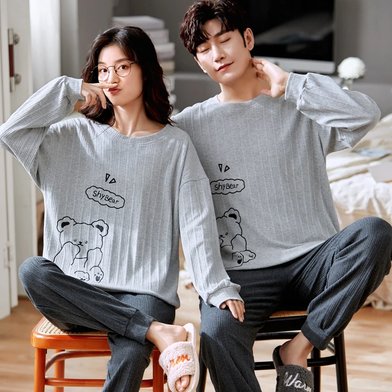 New Couple Long Sleeve Pants Pajamas Knitted Cotton O Collar Men Women Fashion Sleepwear for Youth Lovers pyjamas homme feminino