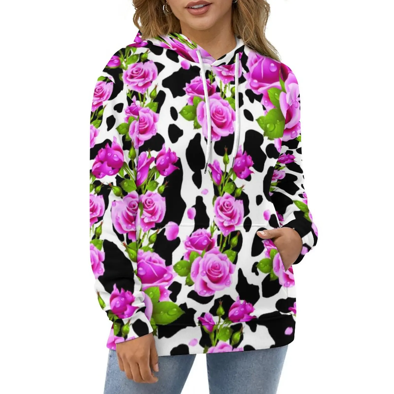 

Cow Print And Roses Placed Hoodies Long Sleeve Cow Spots Flower Pretty Casual Pullover Hoodie Harajuku Loose Hooded Sweatshirts