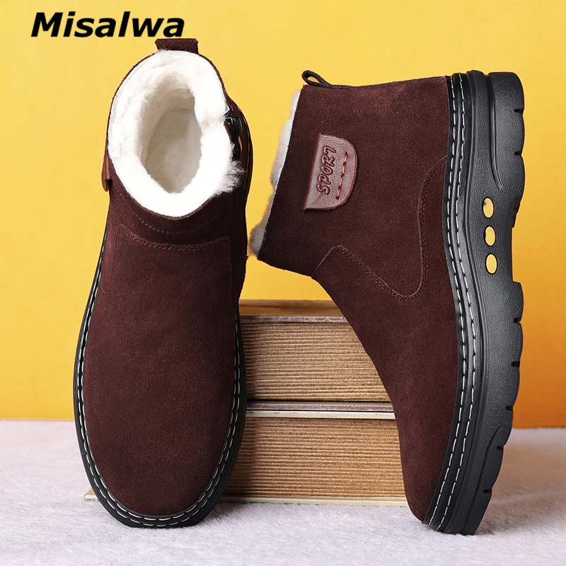 

Misalwa Men Leather Snow Boots Short Casual Man Chelsea Boots Winter Fur Boots Men Big Size 38-47 Cow Suede Shearling Botas