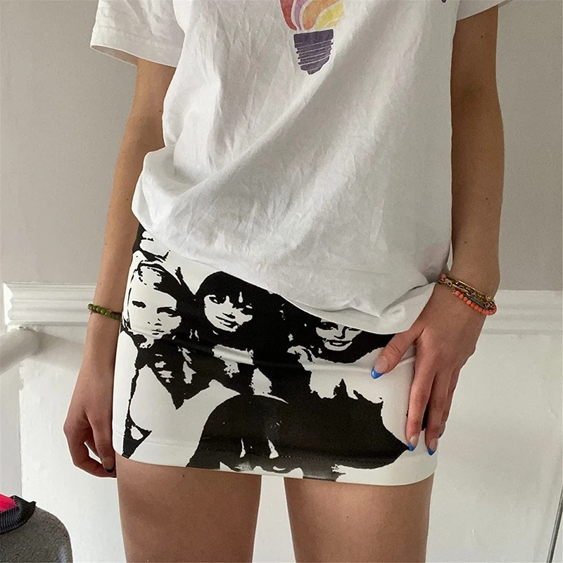 

90s Vintage Aesthetic Portrait Print Gothic Mini Skirts Women Summer Fashion Bodycon E-girl Sexy Harajuku Party Streetwear Y2k
