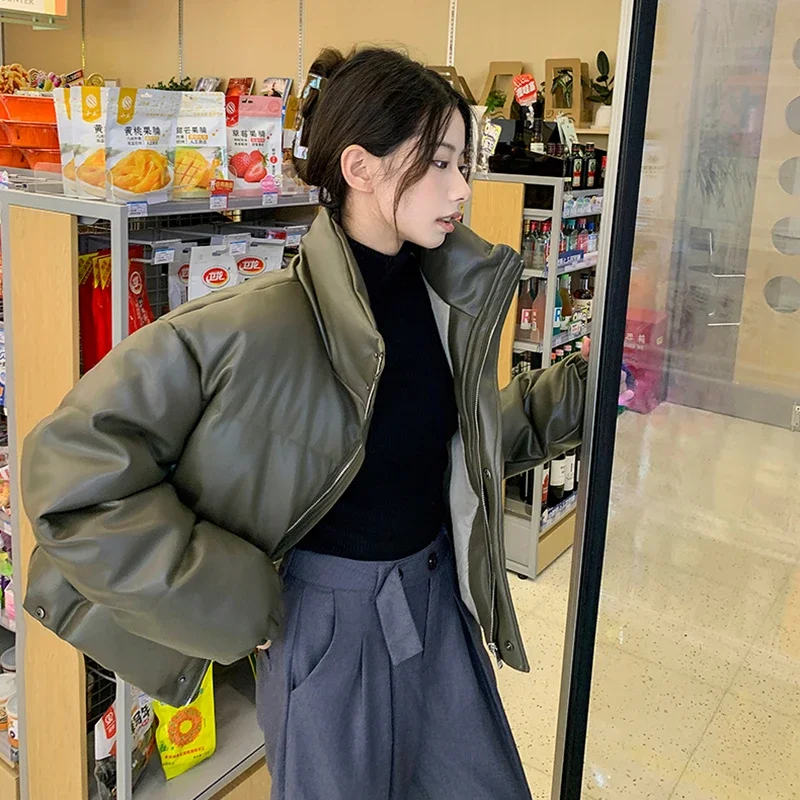 Y2K уличная одежда короткие парки из искусственной кожи женские зимние толстые