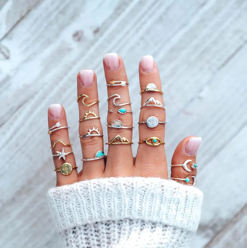 

2022 New accessories with arrow sun starfish compass moon eyes wave mountain peak ring set for modern fashion female gifts