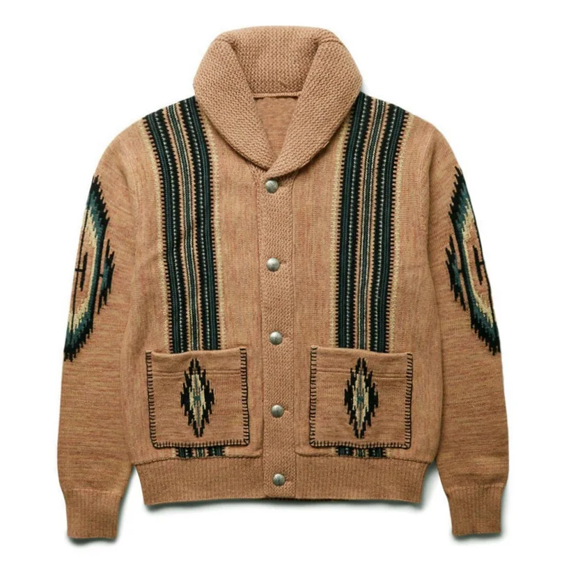 Men's Europe and The United States New Autumn and Winter Jacquard Sweater Retro Lapel Sweater Coat Knitted Sweater