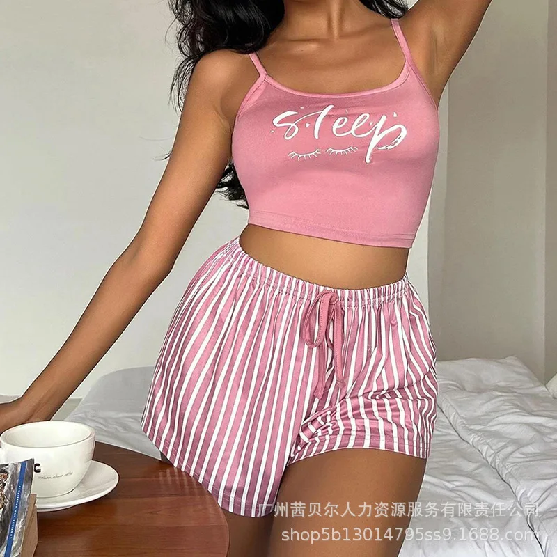 

Женский костюм с принтом в полоску, короткий облегающий пуловер с надписью, модные эластичные шорты без рукавов на шнуровке, летний комплект из двух предметов