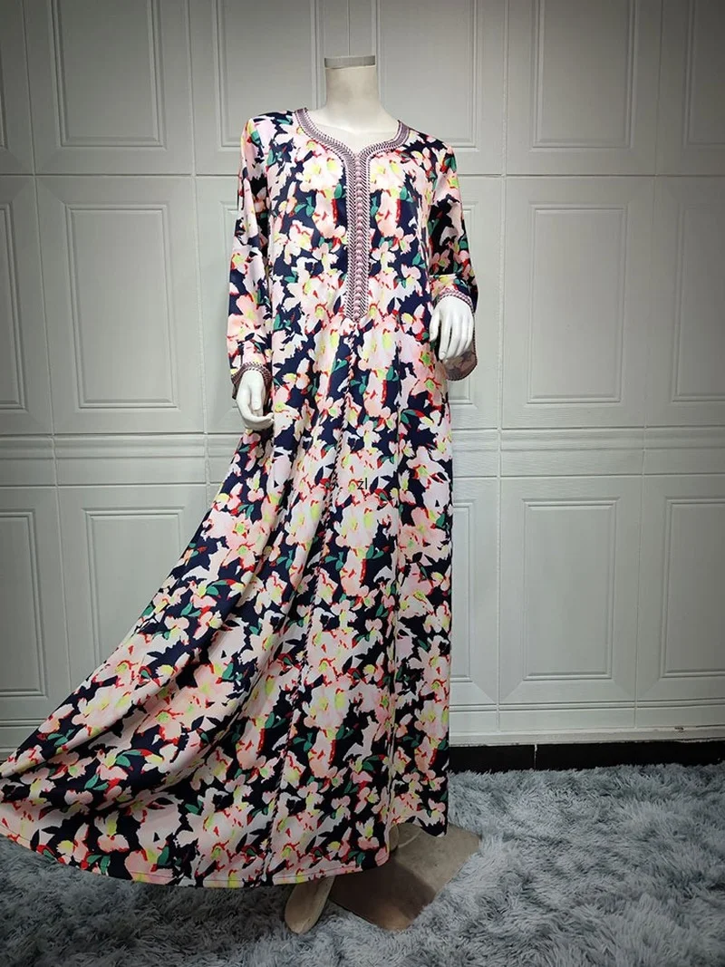 

Рамадан ИД цветочный принт Jalabiya арабское длинное платье для женщин свободный мусульманский хиджаб халат с узором Дубай марокканской ФИФА о...