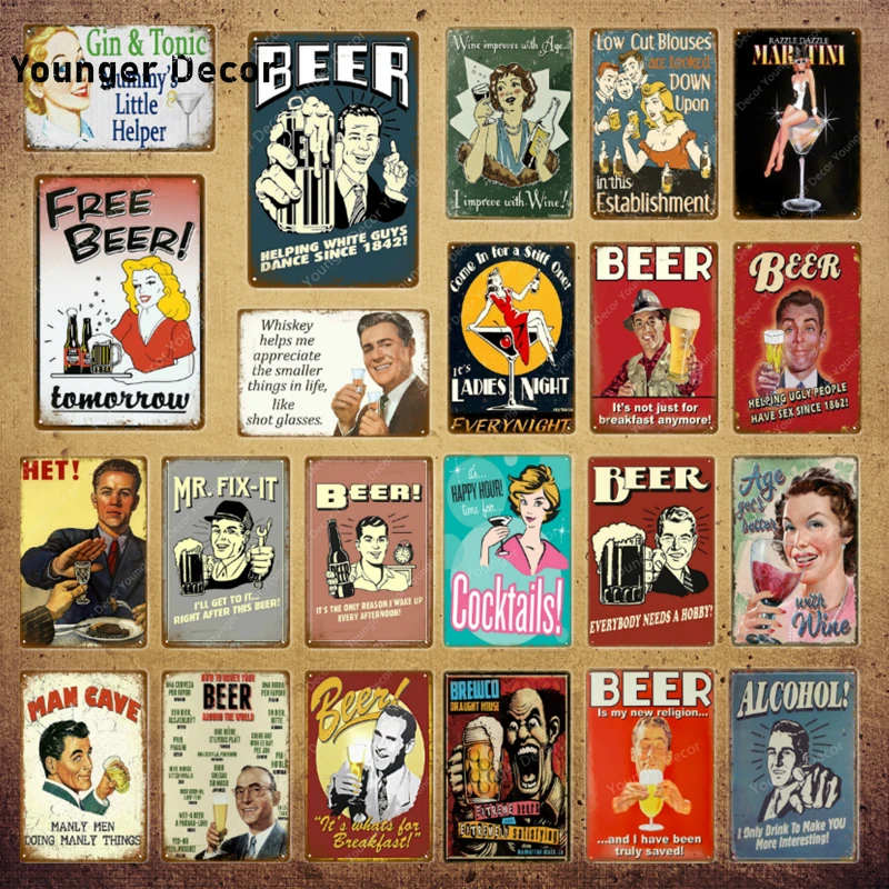 

Whiskey Alcohol Cocktails Tin Signs Free Beer Metal Plaque Vintage Pub Bar Club Wall Decor Man Cave Metal Posters Iron Painting