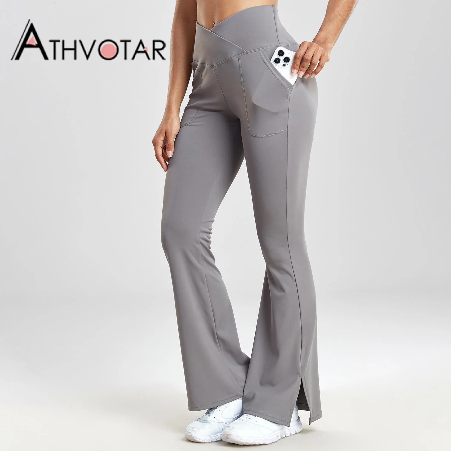 

ATHVOTAR Women Flared Pants High V Waist Slim Elastic Casual All-Match Wide Leg Trousers Streetwear Elegant Fashion Flare Pants