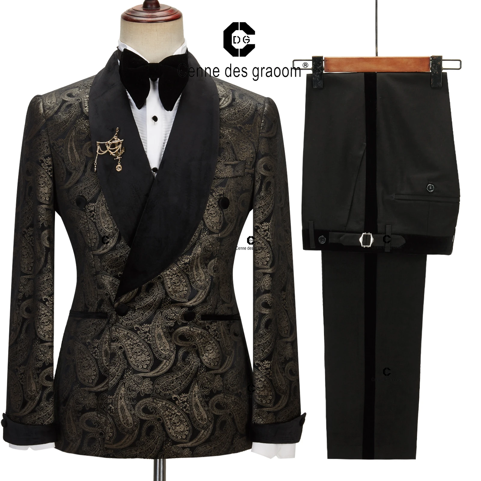 Bosdan Gulden 2023 New Men's Suit Paisley Tuxedo For Wedding Double Breasted Shawl Velvet Lapel Jacket 2 Pieces With Belt