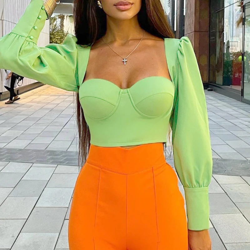 

2022 new autumn Vintage solid color long sleeve wrap chest short top French square neck women's clothes orange purple yellow top