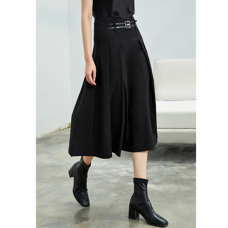 

Women's Autumn Elegant Heavyweight Dropping Design Acetate A-line High Waist Slim Knee-length Leather Splice Skirt