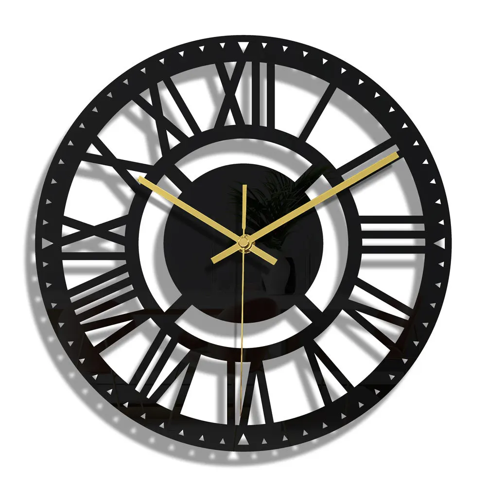 

Black Round Wall Clock Roman Numeral Watch Acrylic Home Decor Modern Design Living Room Quartz Needle Battery Powered