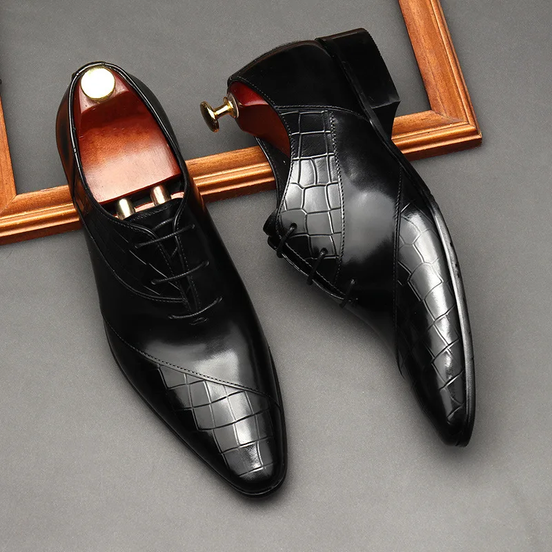 

Luxury Mens Business Genuine Leather Shoes Fashion Wedding Oxfords Lace-up Pointed Toe Black Green Coffee Brogues Dress Shoes