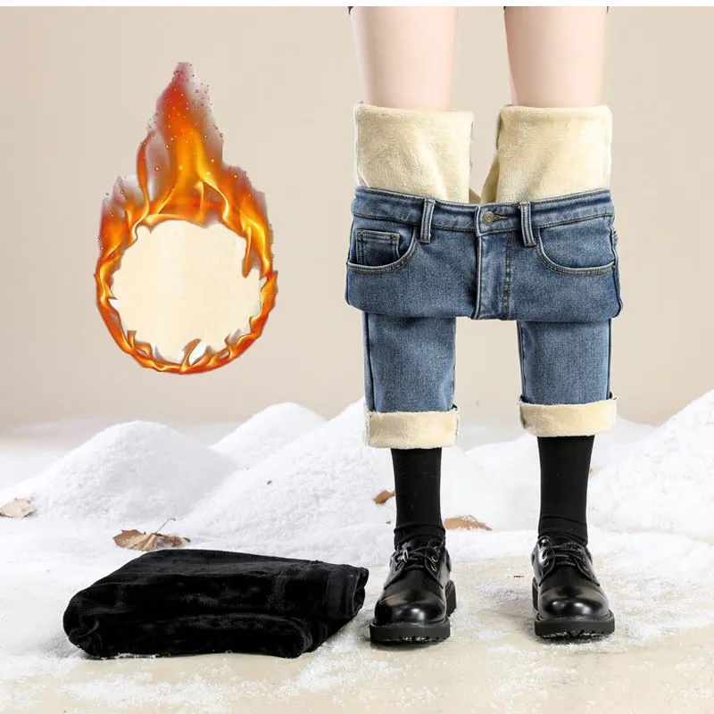 

Женские зимние теплые джинсовые брюки 2022, утепленные джинсовые брюки-карандаш с высокой талией, облегающие Стрейчевые осенние прямые флисовые брюки 901