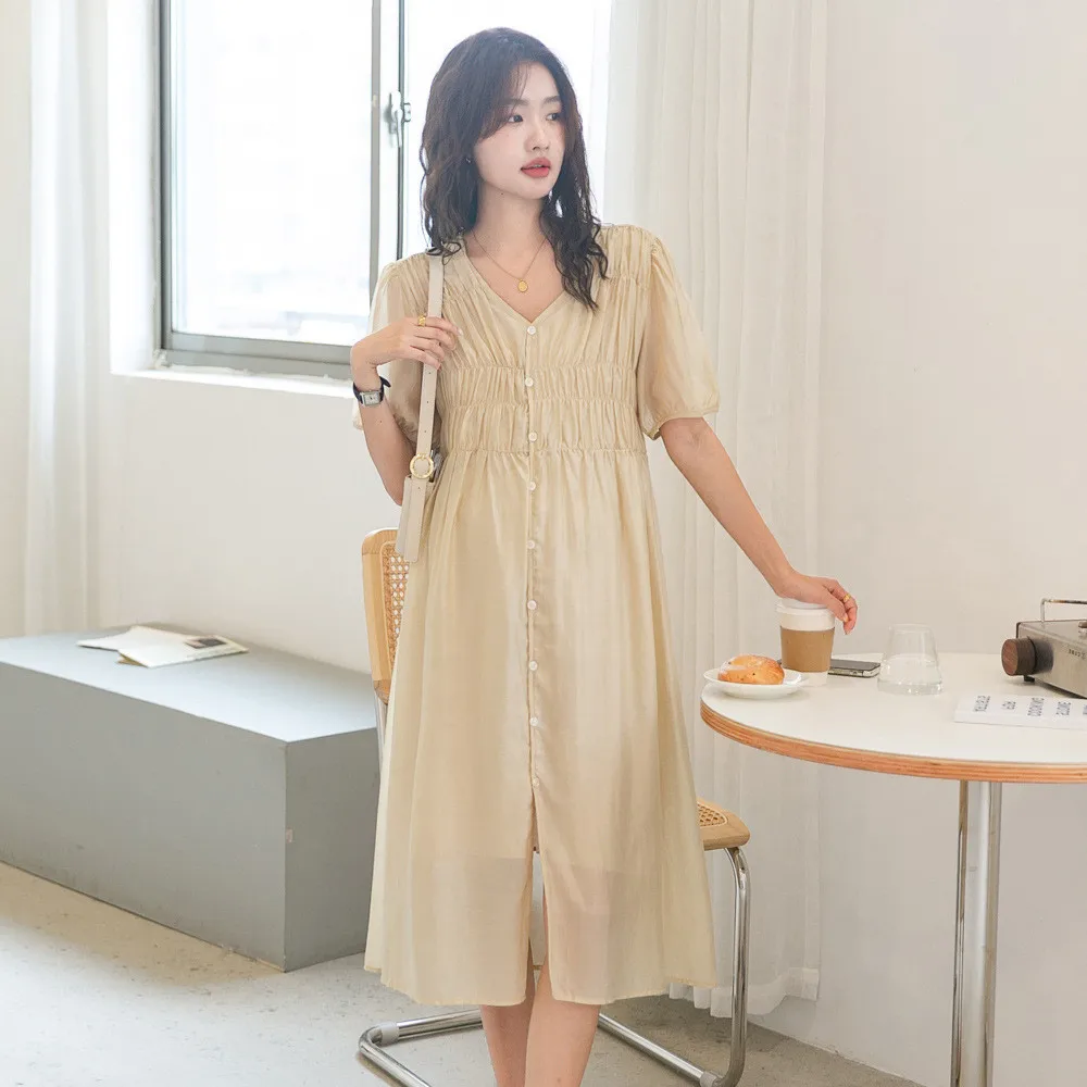 

Maternity Dresses Summer New Loose Elegant Japanese V-neck Plus Size Solid Color 2022 Pregnancy Clothes for Photos Shoot Fashion