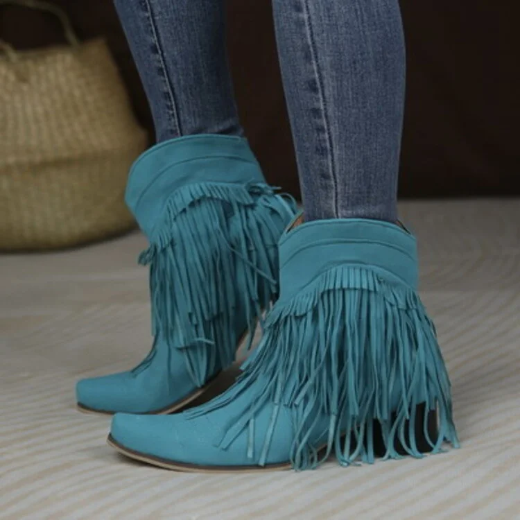 Tassel Western Cowboy Boots Women Fashion Chunky Heels Cowgirl Boots Winter Slip On Female Big Size 43 Ankle Boots