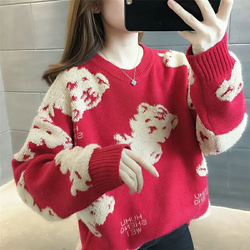 

Pullover Sweater Female Red Sweater New Year's Day Tiger Year Soldier Towers Warm Long-sleeved New Year Red O Neck Sweater