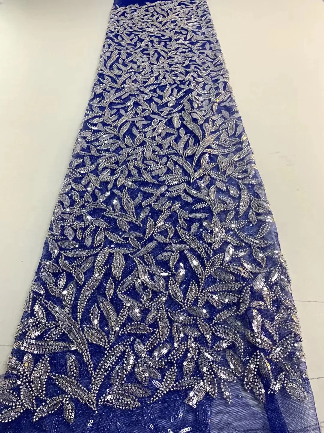 

(5 ярдов/шт.) Высокое качество королевский синий африканский тюль Бисер Блестки Тюль Кружево полностью вышитые французское Сетчатое кружево...