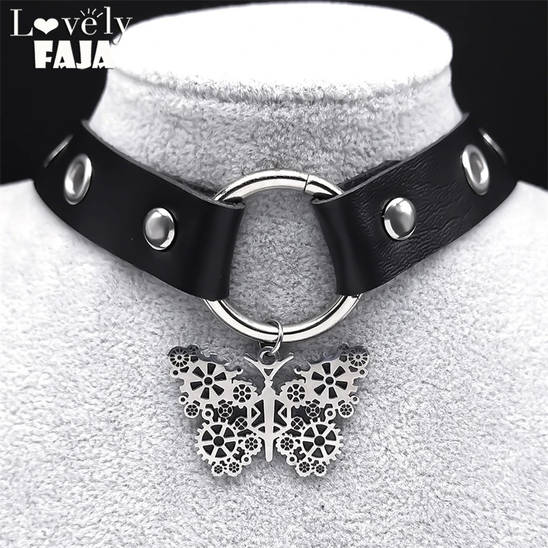 

Goth Butterfly Harajuku Choker Necklace Black Leather Chain Women Stainless Steel Pendant Mechanical Steampunk Necklaces Jewelry