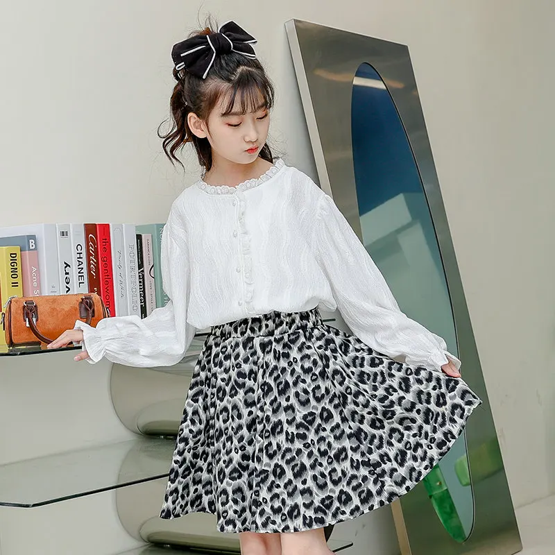 Kids Girl Clothing Sets White Shirts and Skirt with Leopard Print Two Pieces/Suits Korean Girls Children's Costume 4-13Years Old
