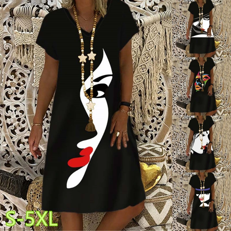 

Women's Dress Short Sleeve V-Neck Face Abstract Print 2022 Summer New Y2K Loose Large Size Mid Length Skirt Ladies Fashion Dress