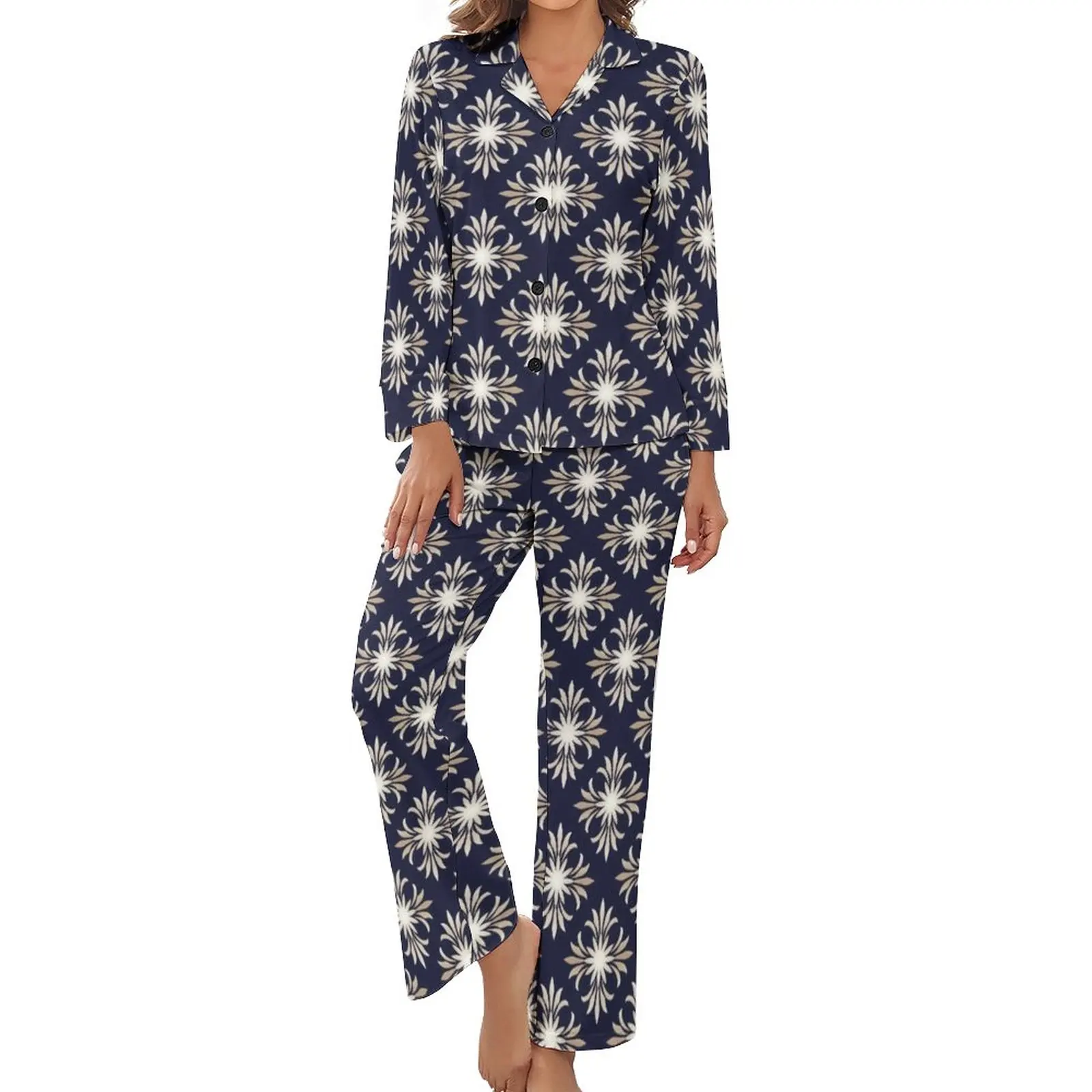 

Retro Baroque Floral Pajamas Long Sleeve Bohemia Print 2 Piece Casual Pajamas Set Daily Female V Neck Cute Home Suit
