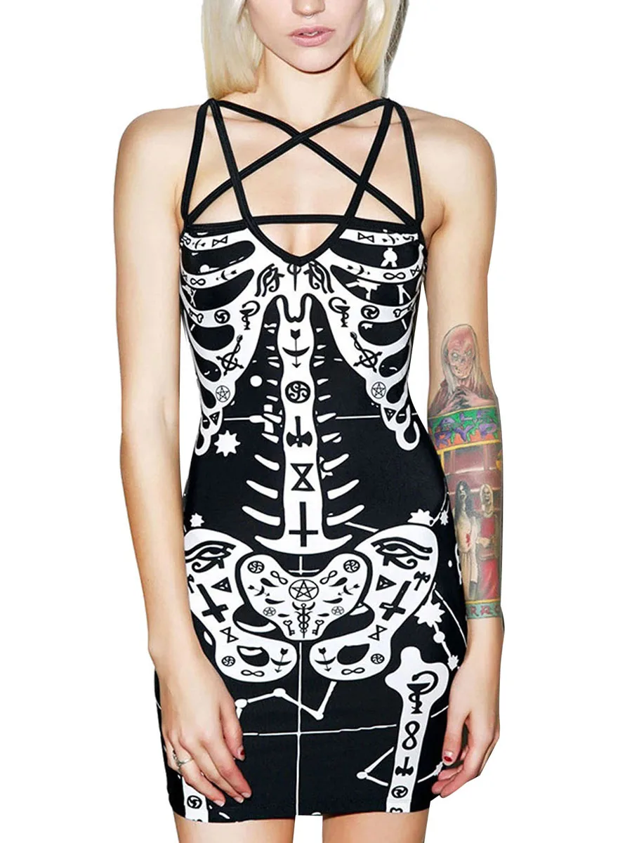 

Женские сексуальные Костюмные платья на Хэллоуин с принтом черепа и костей на бретельках, облегающая летняя одежда на Хэллоуин
