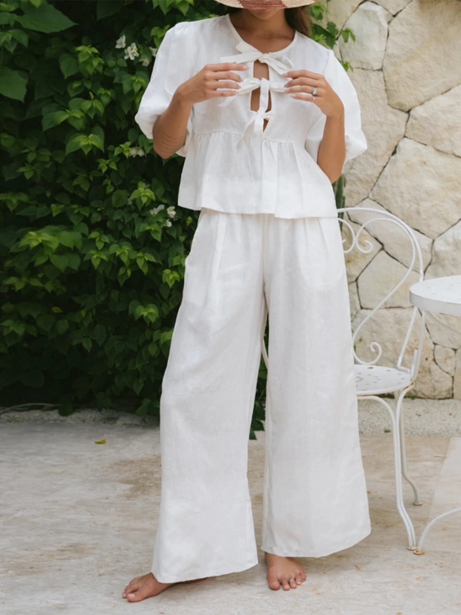 Женские рубашки с баской и коротким рукавом Однотонные блузки завязкой спереди