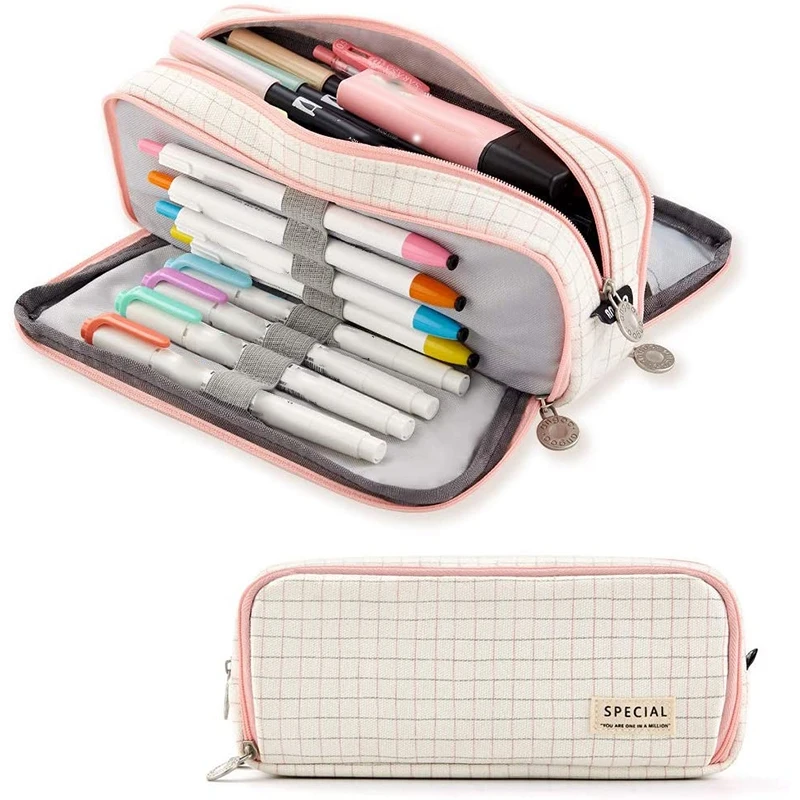 Case Big Capacity 3 Compartments Canvas Pencil Pouch For Boys Girls School Students ,c