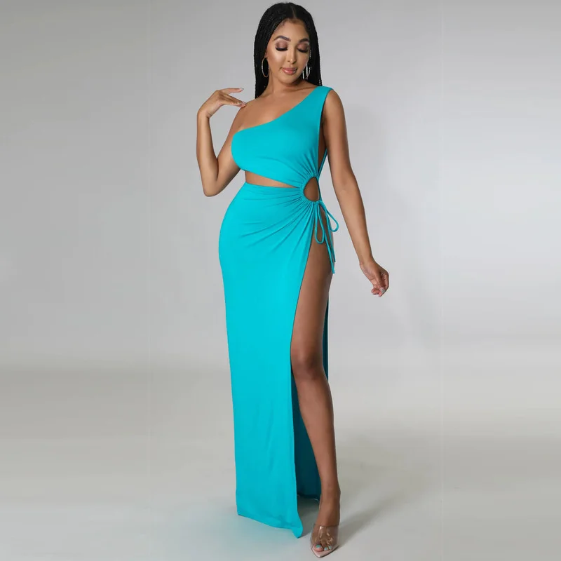 

WUHE one shoulder High Side Split Sleeveless Bodycon Maxi Women Dress 2022 Sexy Party Club Cutout Waist Roll Splicing Dresses