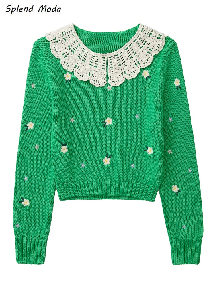 

Splend Moda Spring 2022 Vintage Sweet Casual Style Flower Embroidery Knit Pullover Top Fashion Peter Pan Collar Sweater Women