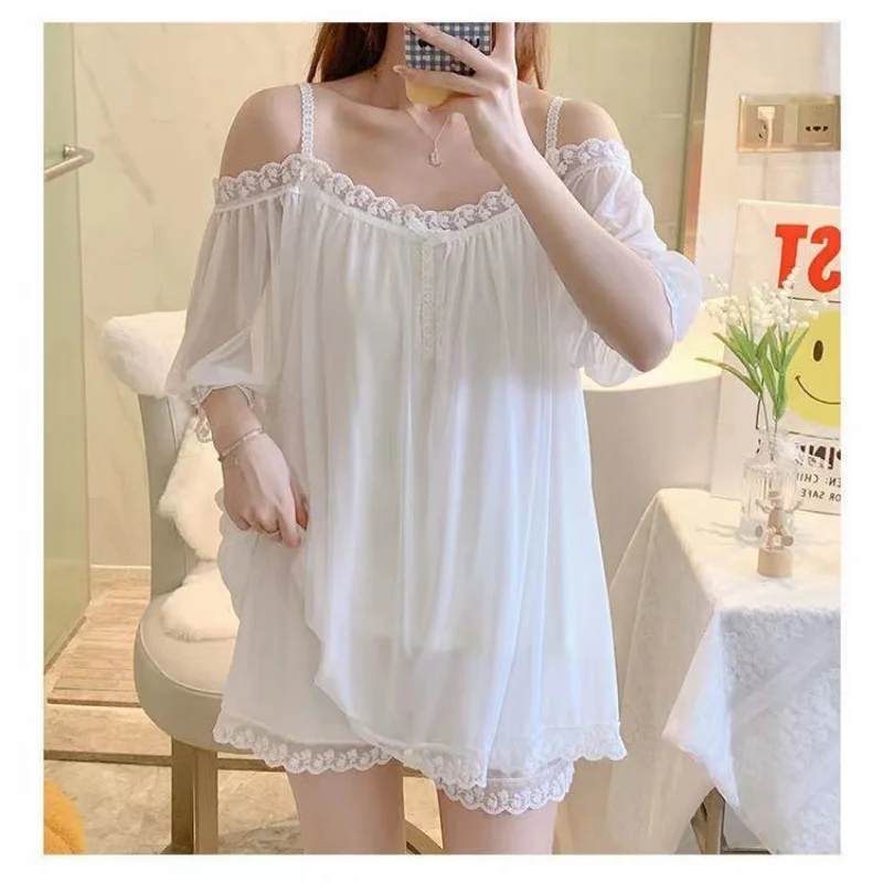 QWEEK 2 Pieces Women's Cotton Pajamas Summer Sexy Lace Princess Style Suits with Shorts Japanese Sweets White Sleepwear 2023 New