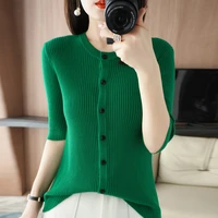 summer new womens round neck knitted short sleeved cardigan fashion all match comfortable solid color draw strip t shirt top