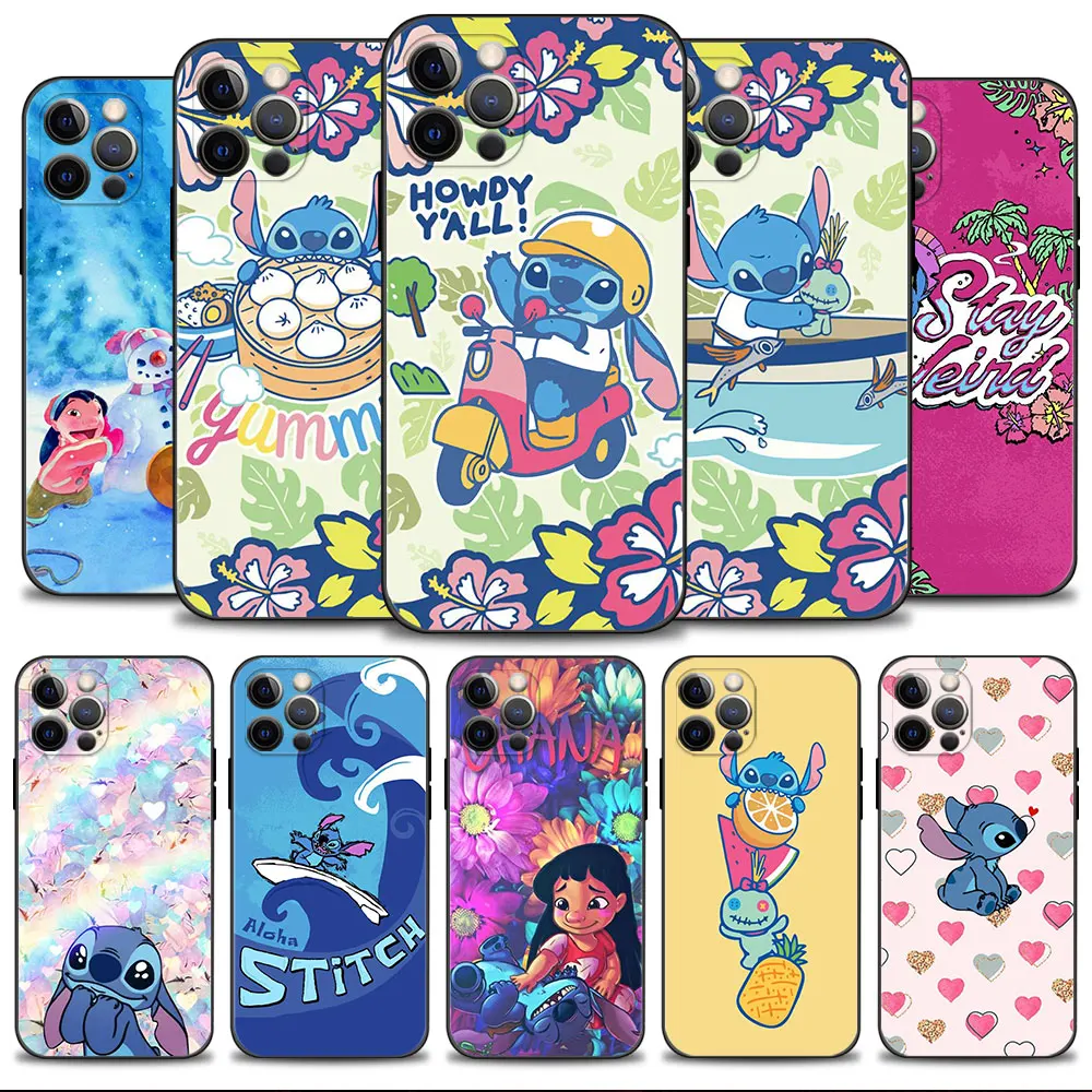 

Phone Case For Apple iPhone 14 13 12 11 Pro Max 13 12 Mini XS Max XR X 7 8 6 6S Plus Shell Happy Stitch Flower Leaves Rainbow