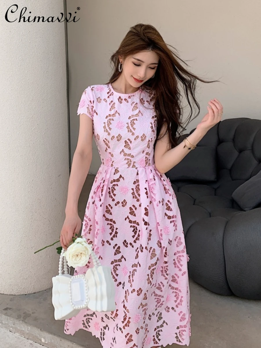 High-End Carved 3D Pink Cotton Hollow Short Sleeve Dress Fashion Round-Neck High Waist Slimming Elegant Long Dress 2022 Summer