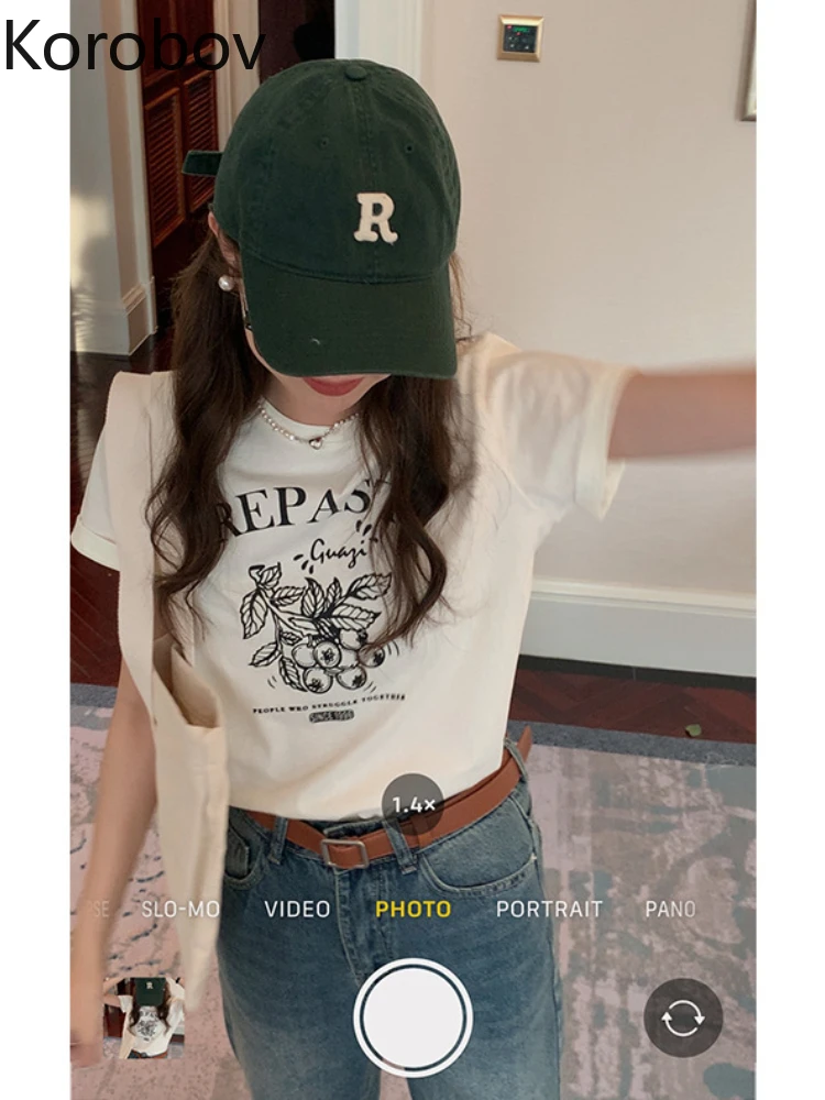 

Футболка Korobov с простым принтом и коротким рукавом, летняя свободная тонкая женская одежда с круглым вырезом, топы, винтажные футболки в сти...