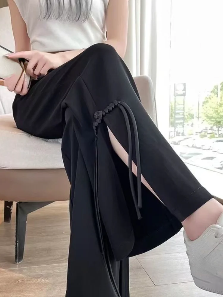 

Новинка 2023, Весенняя уличная одежда Hikigawa, однотонные женские расклешенные брюки, модные повседневные брюки в стиле Харадзюку с разрезом, подходящие ко всему гранж брюки