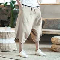 summer cropped loose trousers linen long shorts for men harem short pants chinese style cotton cross baggy pants